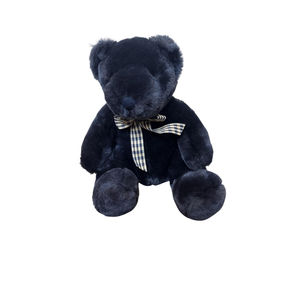 Navy Blue Teddy Bear Plush Stuffed Animal Small Checkered Bow‎ Soft Toy Cuddly